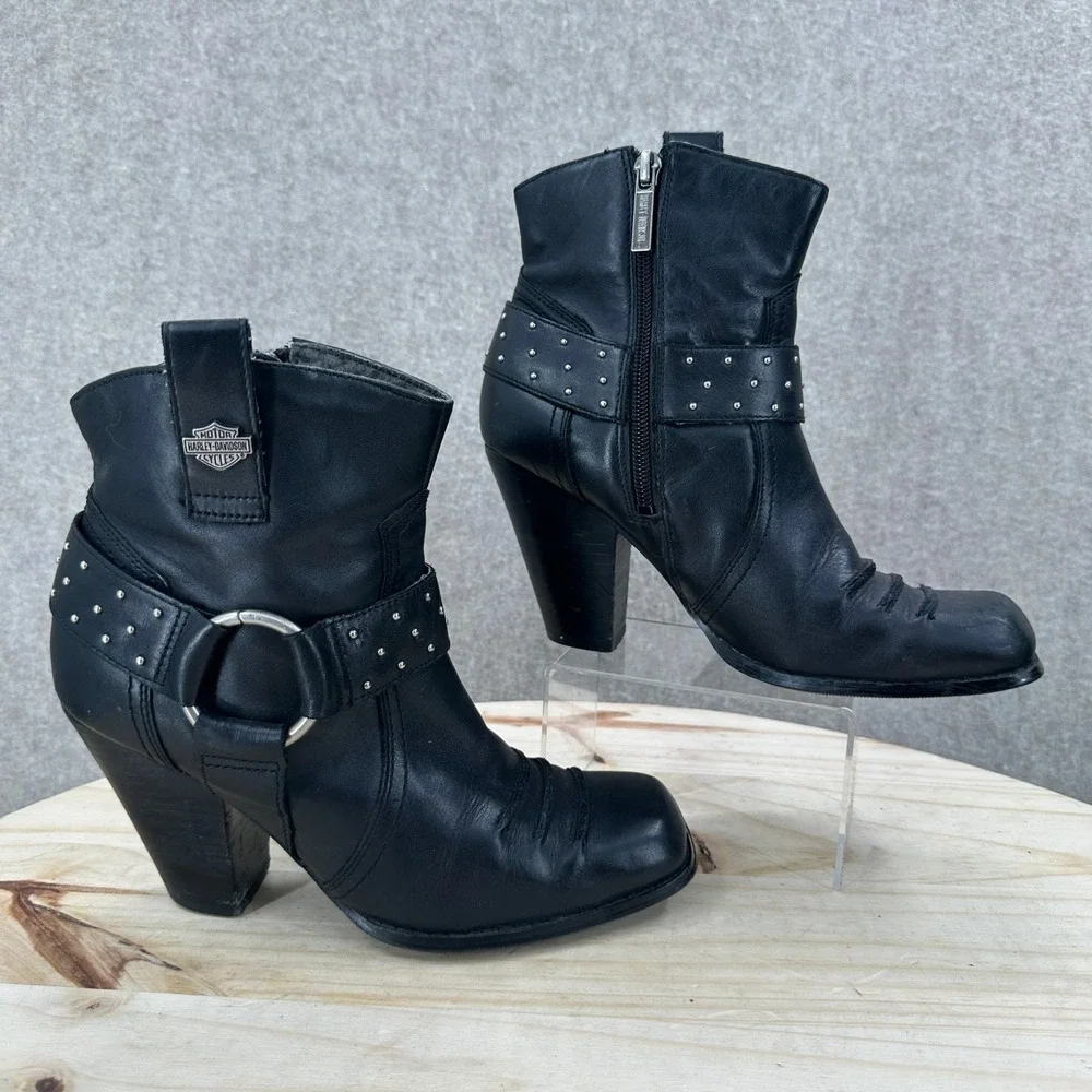 Harley-Davidson Ankle Boots Womens 7.5 Black Studded Leather Heeled Harness Moto